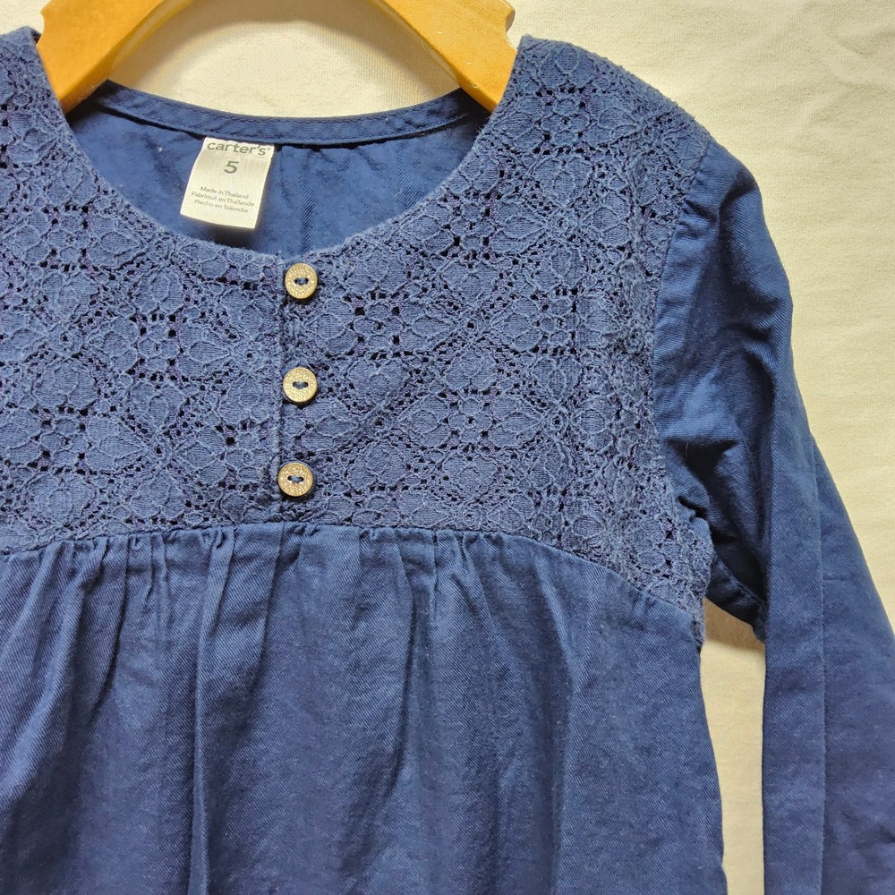 Carter's Tunic Top Kids‎ 5 Navy Blue Lace Yoke Long Sleeve Cotton Boho Peasant
